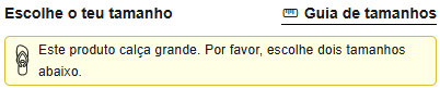 Exemplo de guia de tamanhos na página do produto