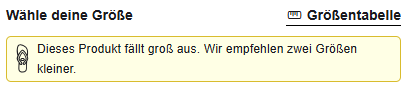 Größentabelle auf der Produktseite