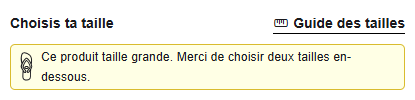 Exemple de guide des tailles sur la page produit