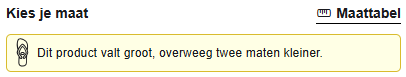 Voorbeeld van de maattabel op de productpagina